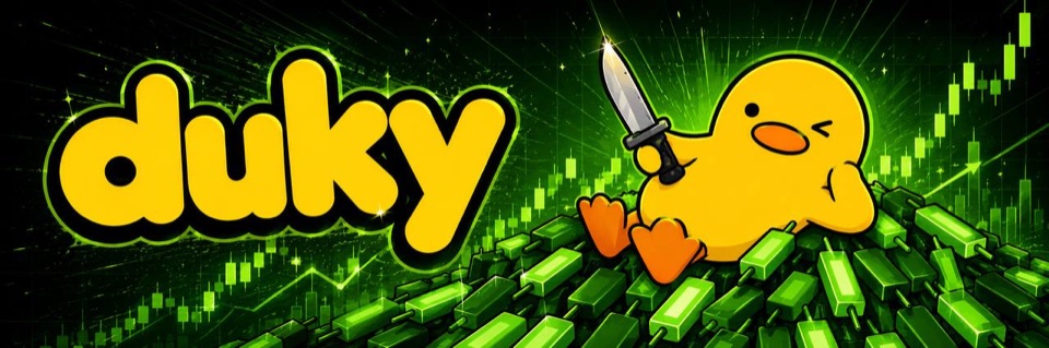 Duky resting above a field of rising green candles